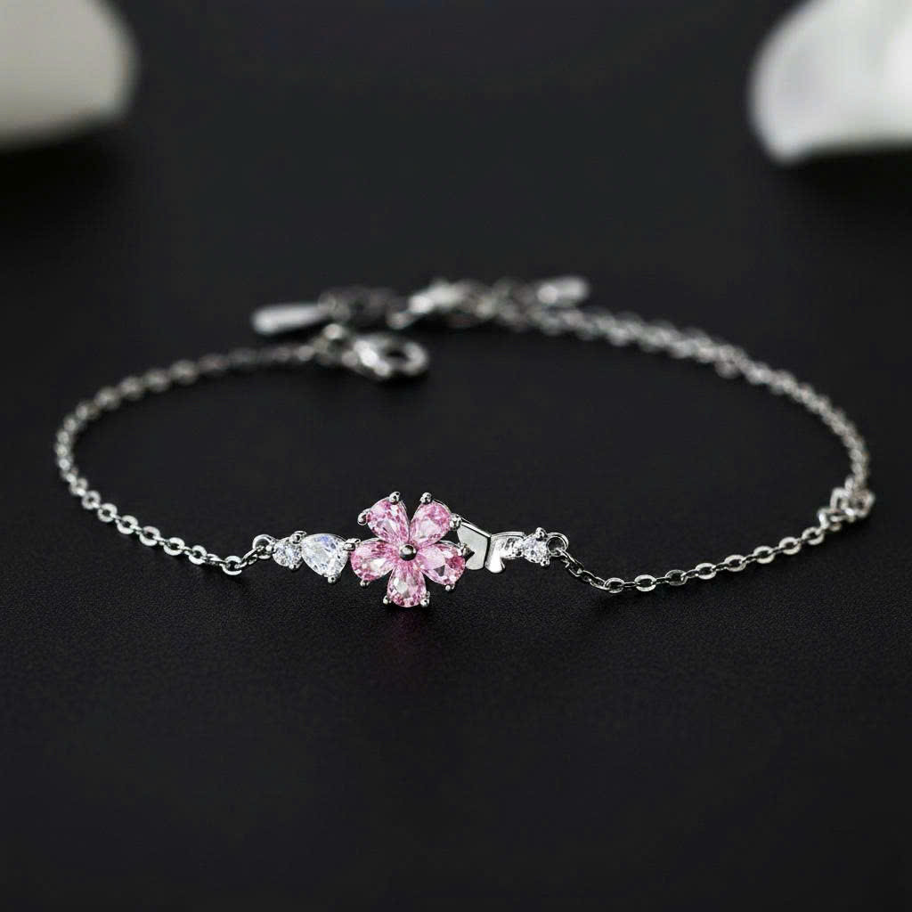 Lắc Tay Nữ HELINO Hoa Anh Đào Hồng Đính Đá Sakura Butterfly V47 – Bạc S925