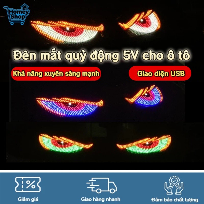 HomeyShop-Đèn mắt quỷ động 5V cho ô tô,Màn hình ma trận điểm ảnh LED RGB,Phụ kiện trang trí kính chắ