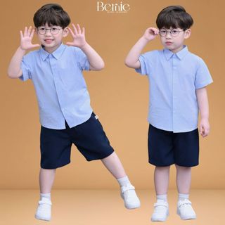 Set sơ mi ngắn tay màu xanh trơn kèm quần short cho bé trai từ 9kg đến 25kg BERNIE KIDS H0125B69Đ