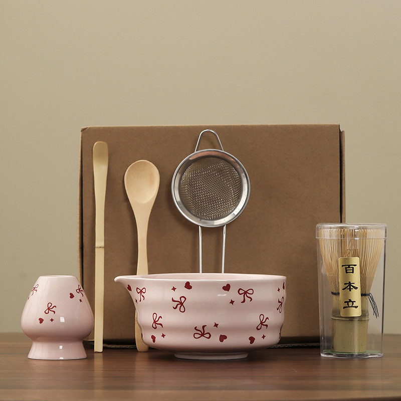 chawan bộ pha matcha Gấu Nhỏ Dễ Thương Bát Matcha Nơ Màu Hồng Matcha Bộ Bàn Chải Matcha