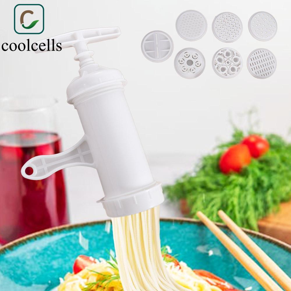 Máy ép mì COOLCELLS, Máy làm mì ống bằng nhựa thủ công, Màu trắng gia đình với 7 khuôn in khác nhau Dụng cụ Spaghetti Nhà bếp Newbie