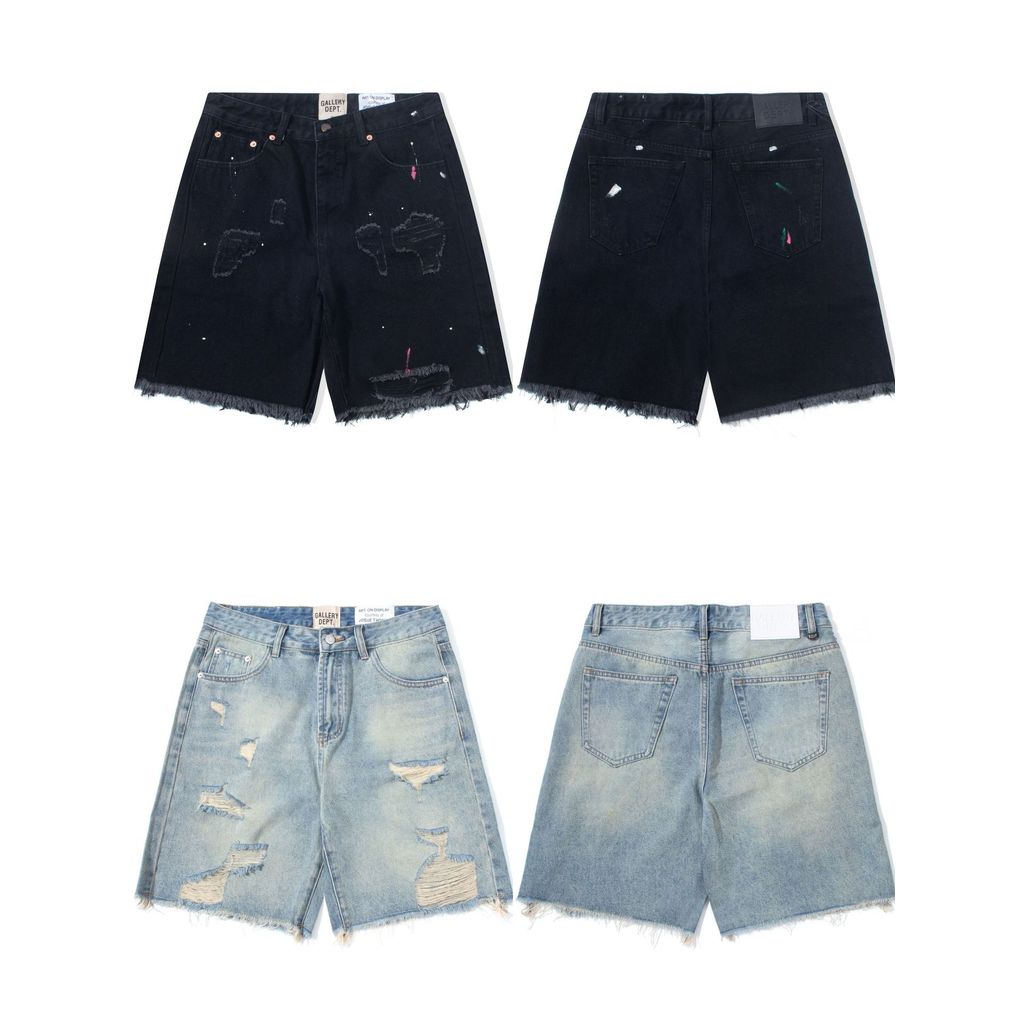 DXZ1 Gallery Dept Splattered ink, ripped, knife-cut, distressed denim shorts, washed vintage high st