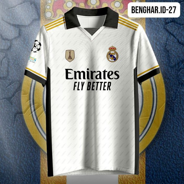 Jersey Real Madrid Home Kit Konsep Cetak Penuh - Kaos Bola Fan Putih Emas