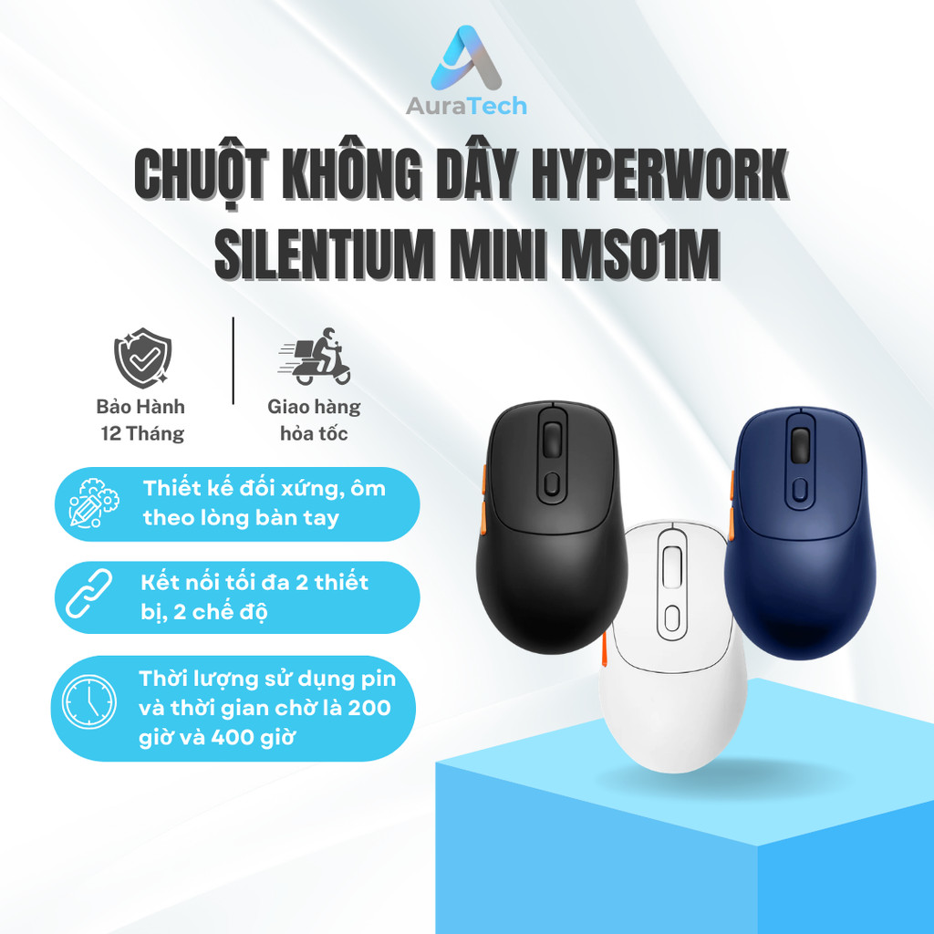 Chuột không dây HyperWork Silentium Mini MS01M | Đen Trắng Xanh - Bảo Hành 12 Tháng