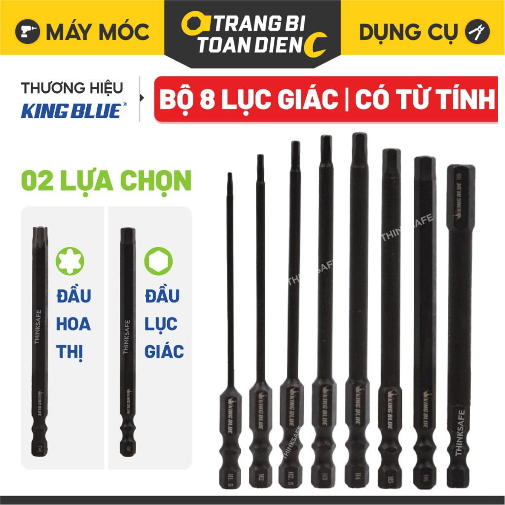 Bộ lục giác KingBlue L8100E và lục giác hoa thị T9100E, kích thước 100mm, chất liệu thép S2, chân lụ