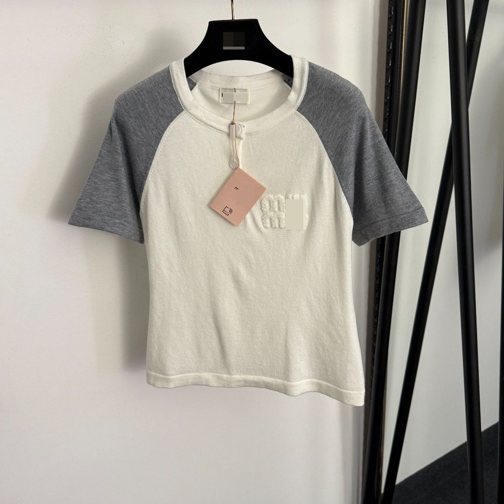 1ZDN MIU*M*  New plush letters Half-button color-blocked short-sleeve knit top