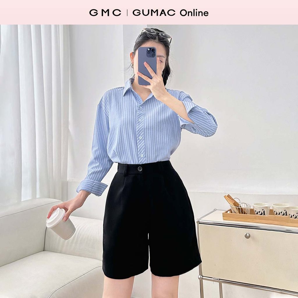 Áo sơ mi nữ sọc xanh tay dài nẹp sọc xéo công sở thanh lịch trẻ trung thời trang GUMAC LAF0606