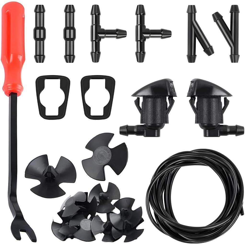 Bộ vòi phun nước rửa kính chắn gió ô tô Mandark, 2 vòi phun & miếng đệm máy giặt, 12 đầu nối ống, 10 chiếc giữ mũ trùm đầu, vòi chất lỏng và dụng cụ tháo dây buộc, tương thích với Grand Ch