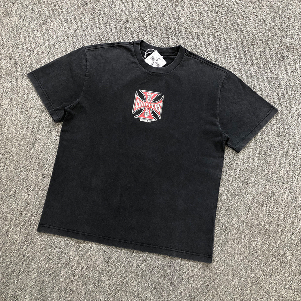 LYHX West Coast Choppers West Coast Iron Cross Print Vintage Washed Distressed Loose Short Sleeve T 
