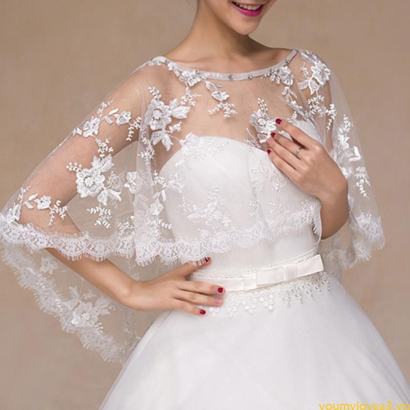Bolero Capelet Cô Dâu Ren Thêu Hoa, Chi Tiết Kim Cương Giả