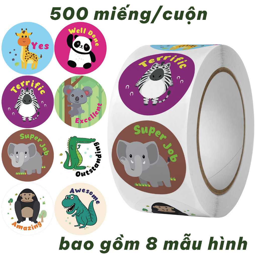 Roll of Cute Animal Reward Stickers – For Teachers, Students, Children (500 Stickers/Roll)