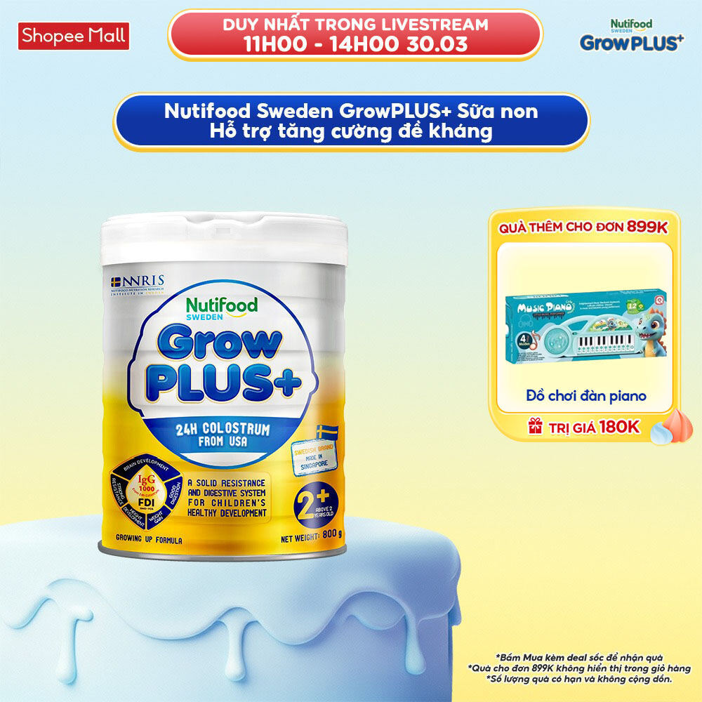 Sữa bột Nutifood GrowPLUS+ Sữa Non 2+ 24h hỗ trợ tăng đề kháng (vàng) - Lon 800g