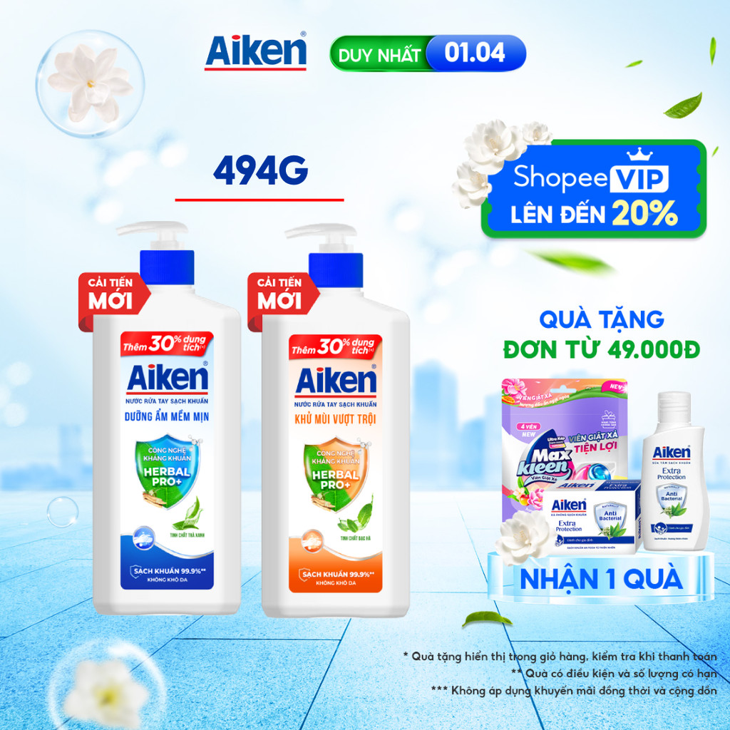 Nước rửa tay Aiken Sạch khuẩn Dưỡng ẩm / Khử mùi 494g