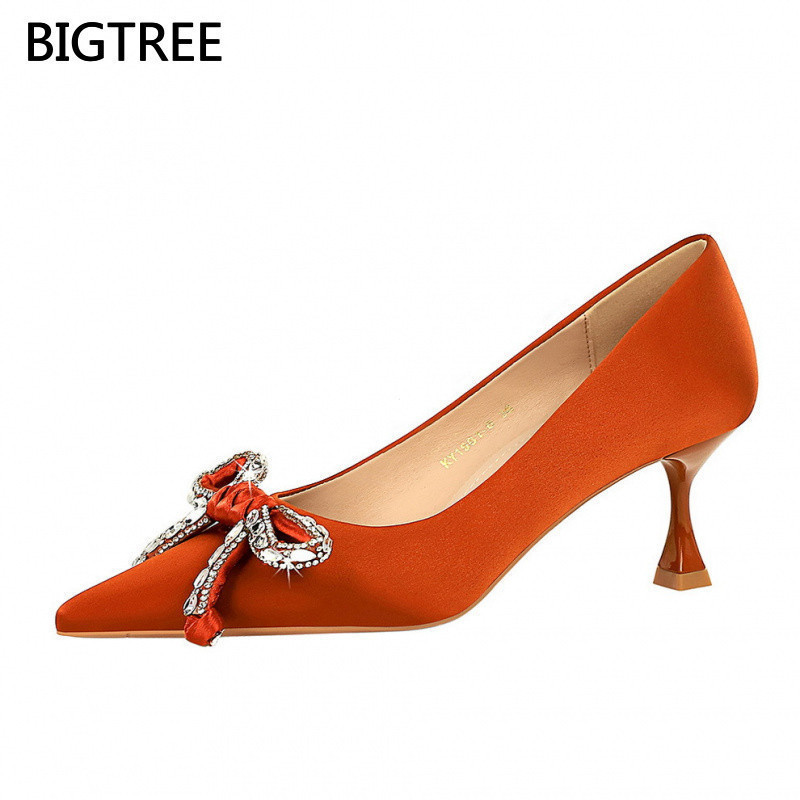 BIGTREE0 Giày Cao Gót Stiletto Nhẹ Sang Trọng Kim Cương Giả Nơ Mũi Nhọn Giữa Gót Satin Rượu Thủy Tin
