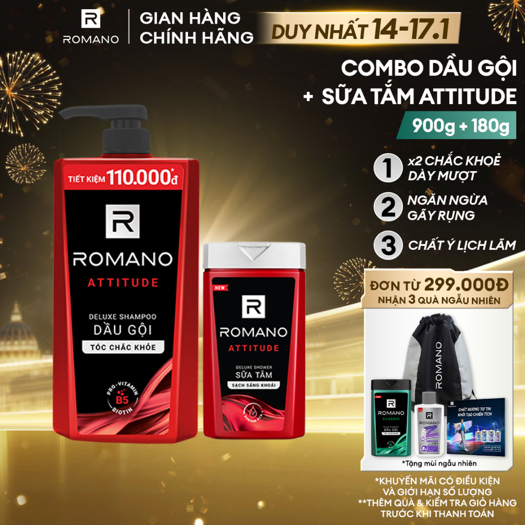 Combo Dầu gội nam Romano Attitude 900g + sữa tắm nam hương Nước hoa nam Attitude 180g