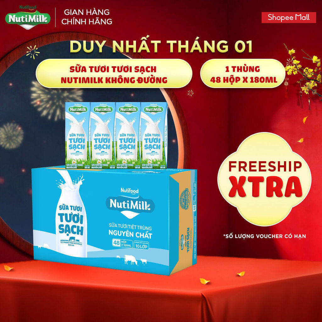 Thùng 48 Hộp Sữa Tươi Tươi Sạch NutiMilk Nguyên Chất 180ml