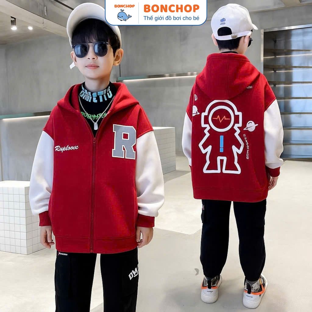 Áo Khoác Bomber Bé Trai BONCHOP SPACE EXPLORER – Da Cá 4 Chiều Dày Dặn, Mặc Thu Đông (22–40kg)