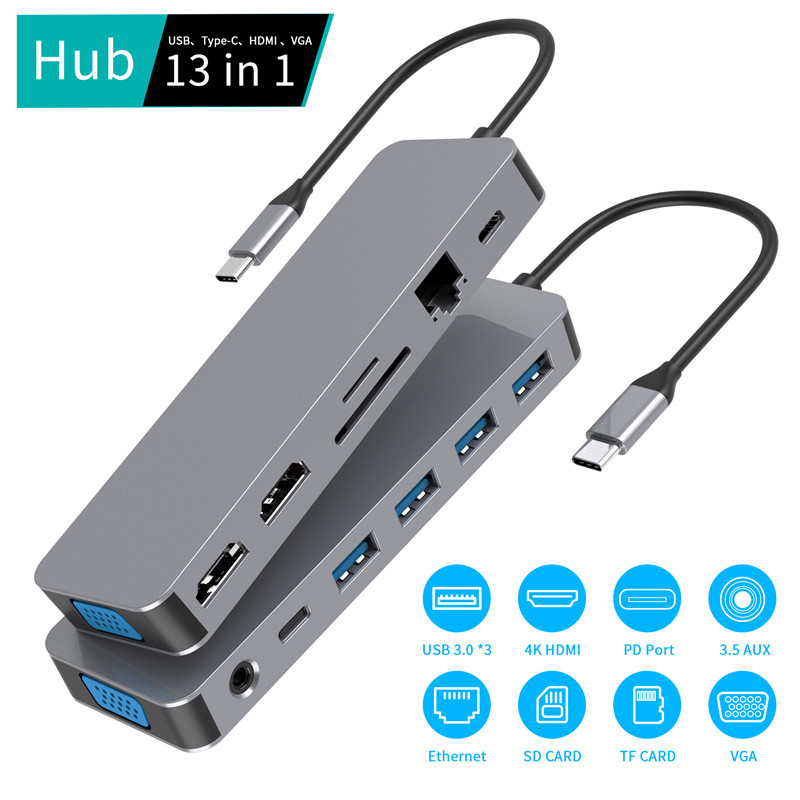 13 trong 1 loại c sang Dual HDMI Gigabit Card mạng VGA4USB C HUB3.0 Docking Station Card Reading Hub