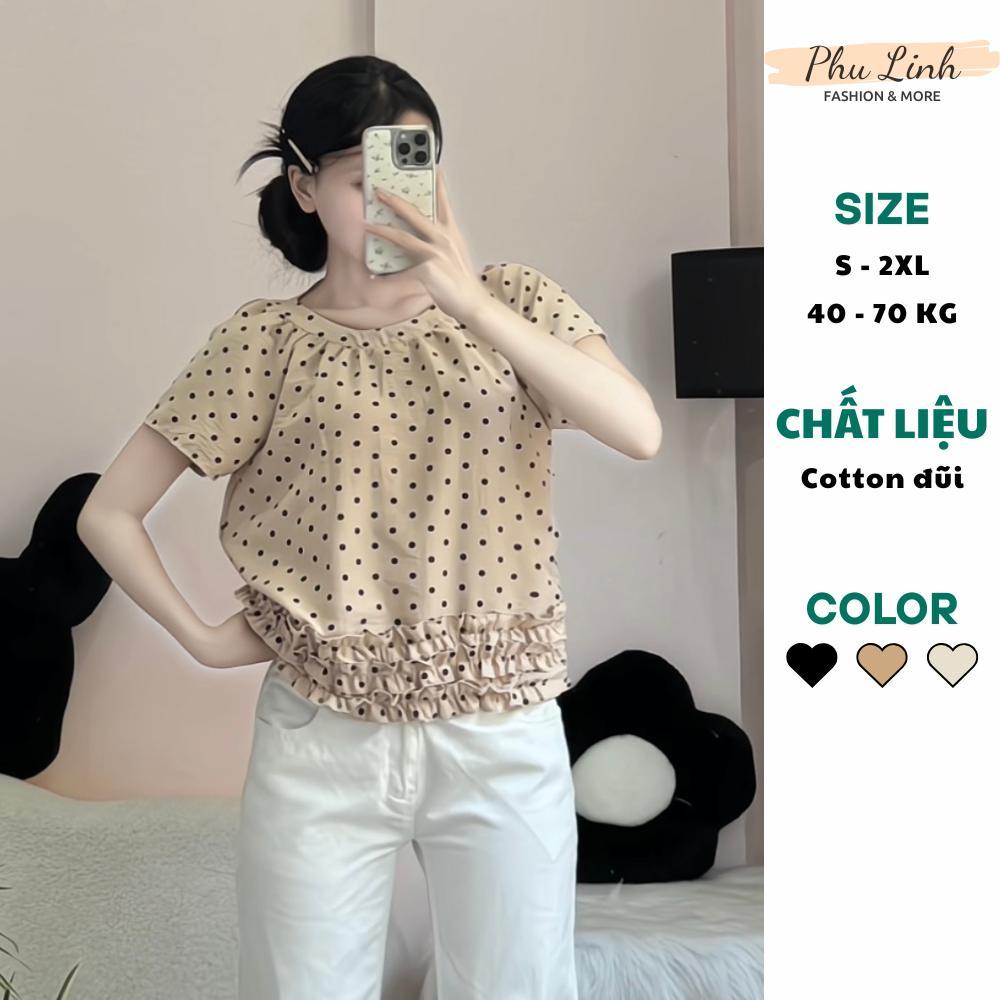 Áo Kiểu Nữ Chấm Bi Phối Bèo 3 Tầng Xinh Xắn Chất Liệu Đũi Thô Mềm Mát PhulinhFashion MS226 | BigBuy360 - bigbuy360.vn