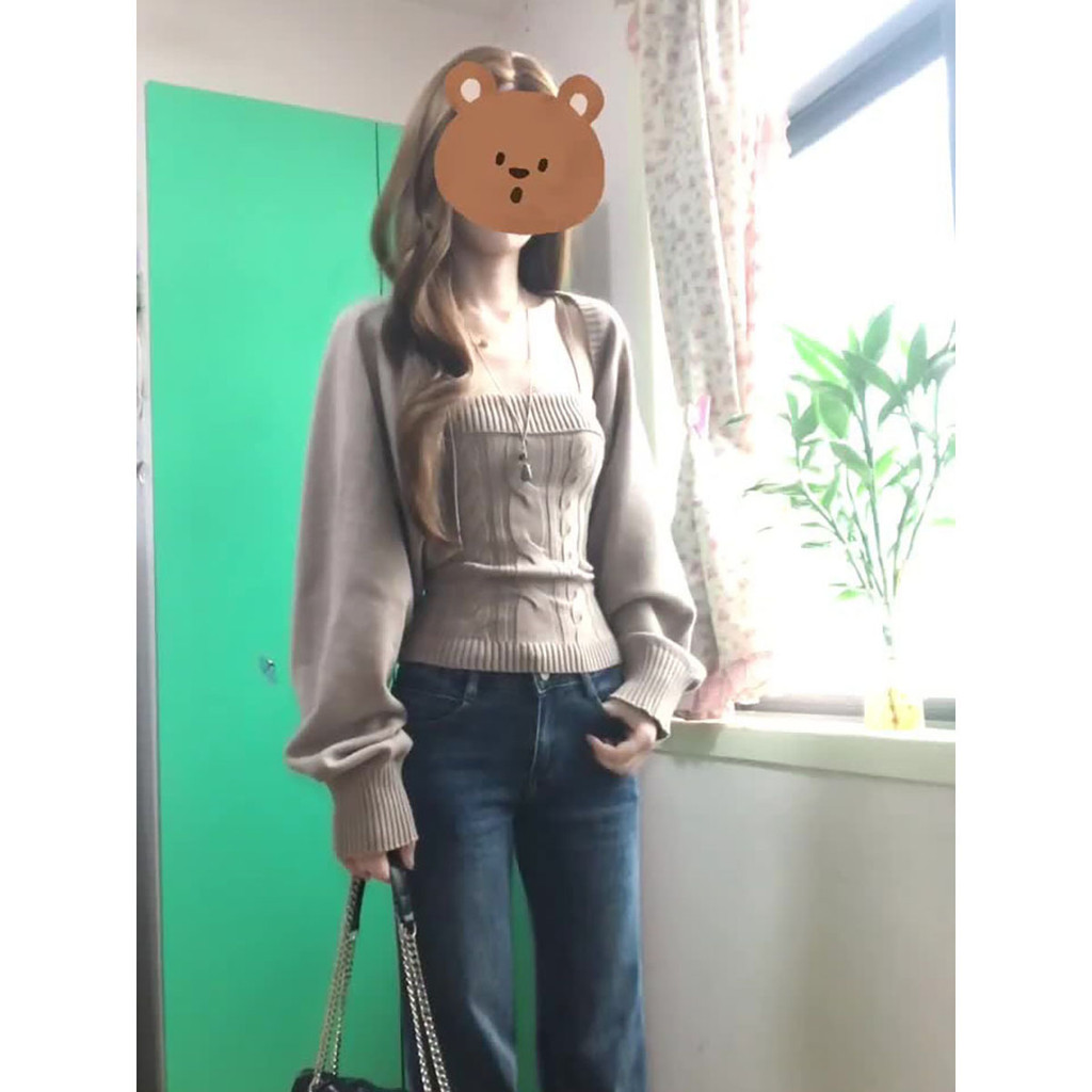 Pure Desire Cardigan Knit Female Autumn Winter with Cuffed Sleeves and Lantern Sleeves Style