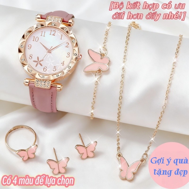 Bộ đồng hồ nữ thạch anh quà tặng thời trang,mặt số hình sao biển,dây đeo da và bộ trang sức kèm theo