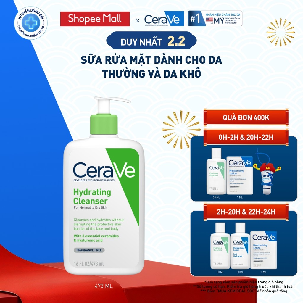 Sữa rửa mặt giúp làm sạch sâu dành cho da thường và da khô Cerave Hydrating Cleanser 473ML
