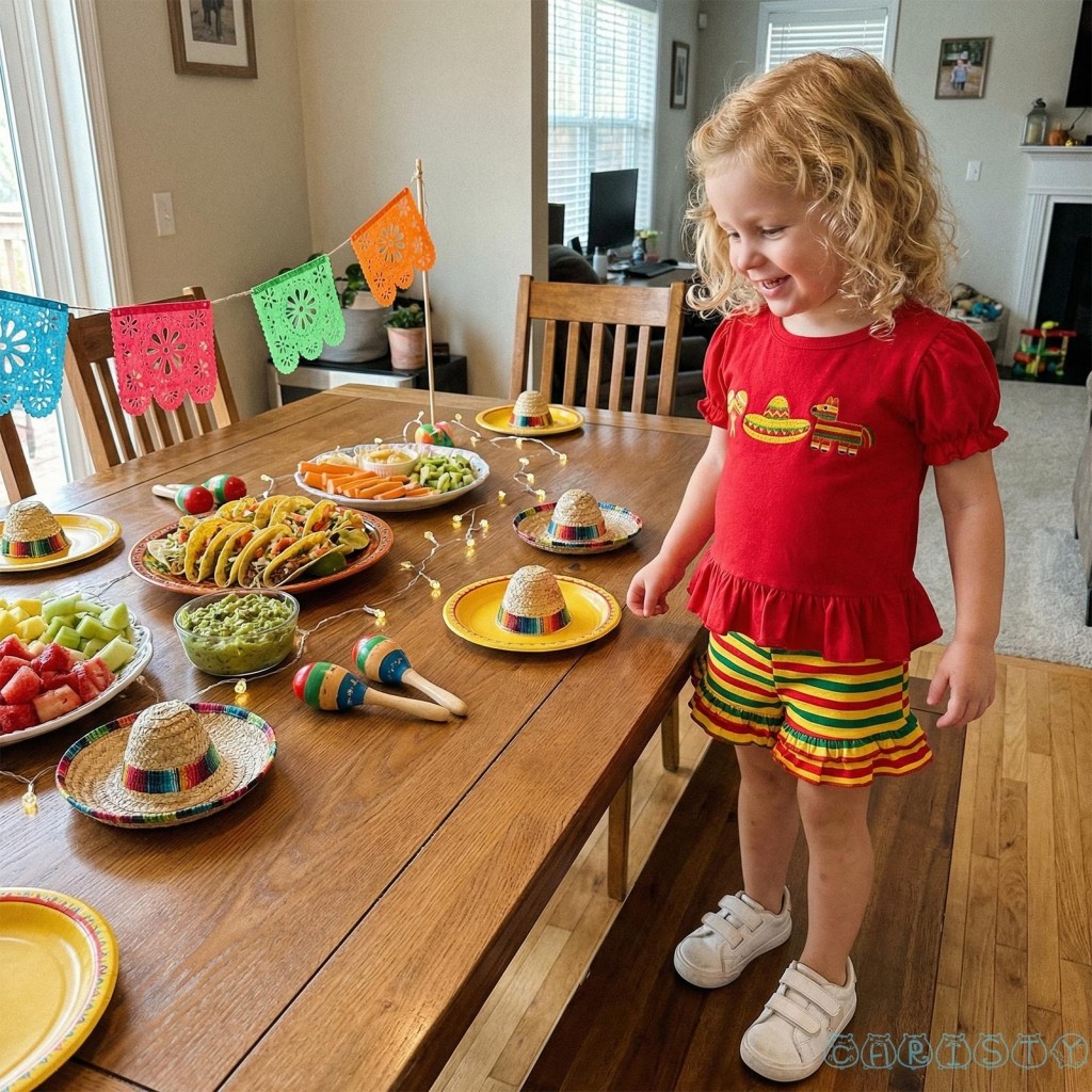CHT-Toddler Bé Gái Cinco de Mayo Trang Phục Thêu Xù Viền Cổ Tròn Áo Tay Ngắn Và Quần Short Sọc Bộ 2 