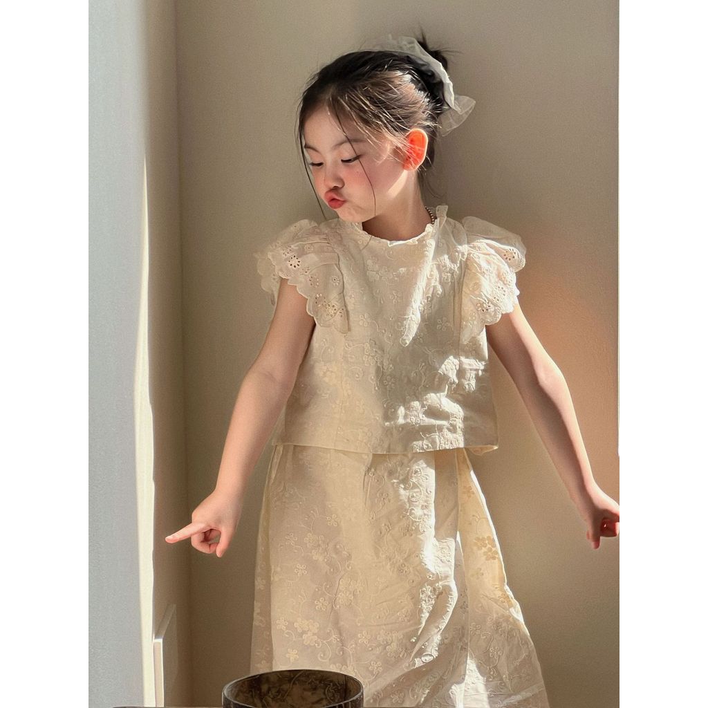 Set Quần Áo Bé Gái Huzhou Zhili Áo Sơ Mi Ren Tay Ngắn Phối Quần Thời Trang Hàn Quốc Hè