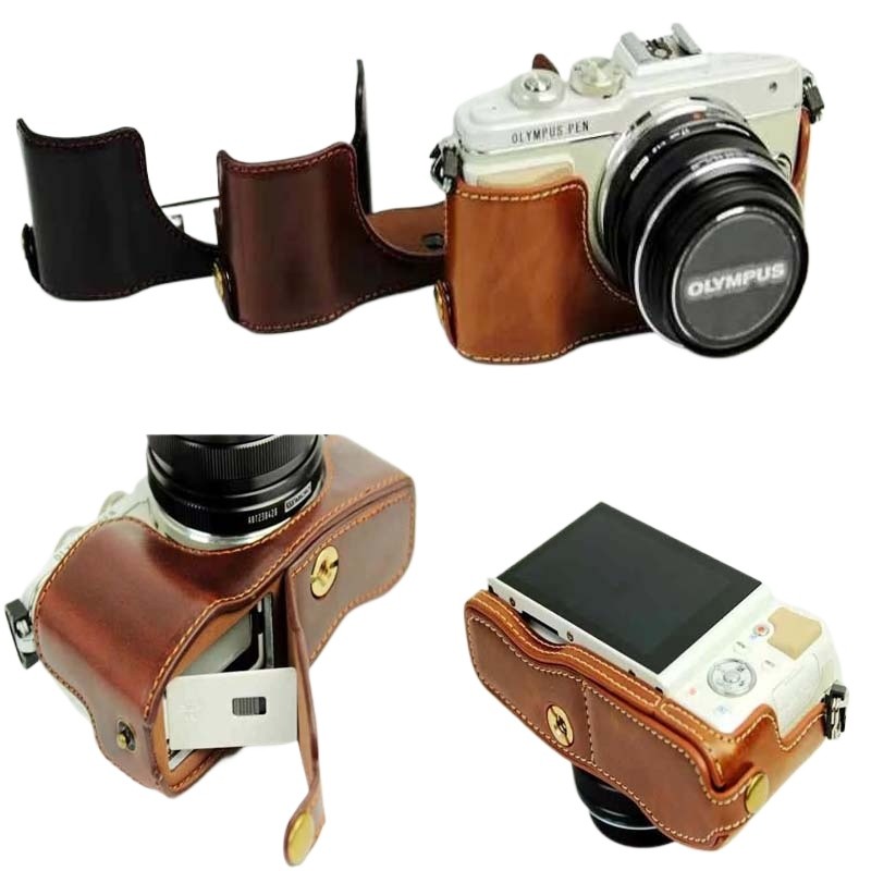 Túi Máy Ảnh Da PU Nửa Thân Dành Cho Olympus EPL7 EPL8 EPL9 EPL10 Nắp Đáy Mở
