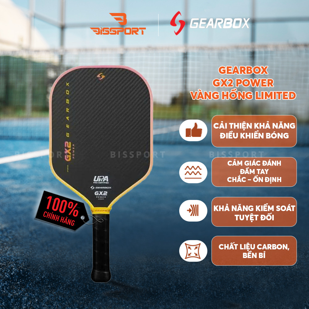 Vợt Pickleball Gearbox GX2 Hybrid Chính Hãng - Vàng Hồng Limited - Mặt Nhám - Kiểm Soát Tối Ưu - Ổn 