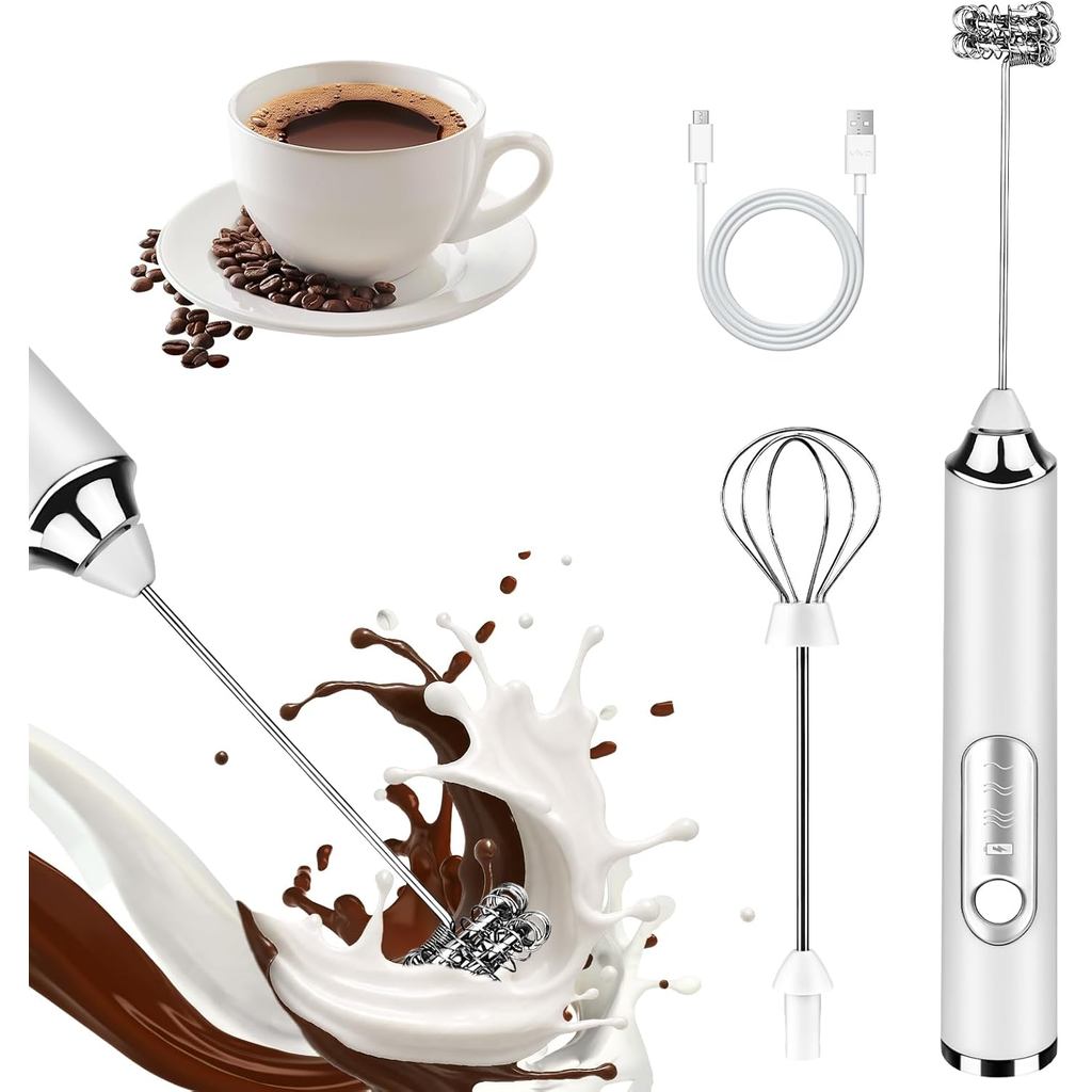 Máy tạo bọt sữa cầm tay, máy tạo bọt sữa có thể sạc lại với 2 máy đánh trứng bằng thép không gỉ 3 tốc độ Máy trộn nước uống điện, đũa phép trộn cà phê cho Latte, Cappuccino, Matcha, Sôcôla nóng, trứng (W