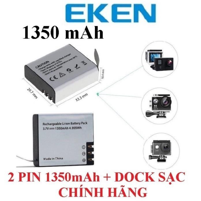 Combo 2 Pin 1350 mAh + Dock Sạc Đôi Cho Mọi Camera Hành Trình Eken H9r, SJCAM 4000, Amkov, Camera 4k