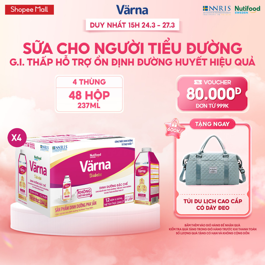 Combo 4 Thùng 12 Hộp Sữa Bột Pha Sẵn Cho Người Tiểu Đường Varna Diabetes (48 Hộp GIấy X 237ml) Ổn Định Đường Huyết
