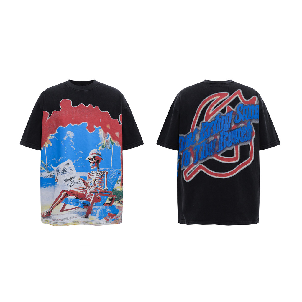 VUQ1 Godspeed Skull baseball graffiti print summer casual loose short-sleeve shirt for men and women