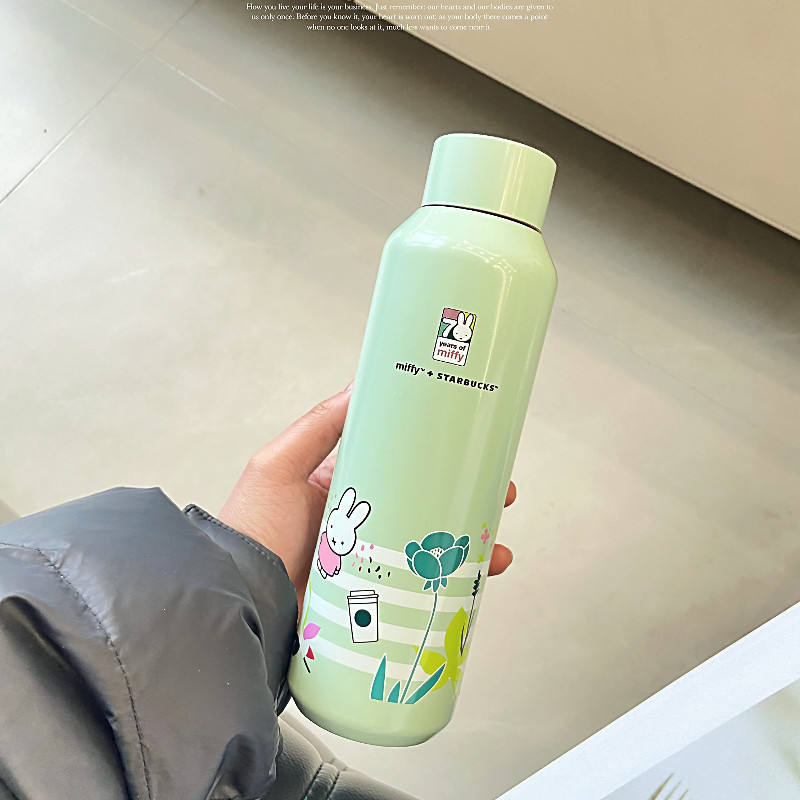Free Coaster và Túi xách Starbucks x Miffy Rabbit Limited Chai xanh bạc hà 500ml - Cốc giữ nhiệt miệ