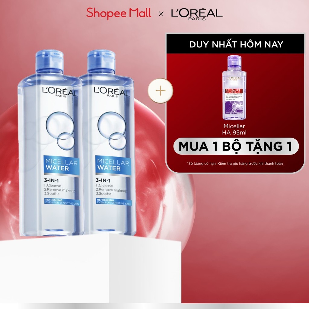 Bộ 2 nước tẩy trang đa năng 3in1 tươi mát L'Oreal Paris (xanh dương nhạt) 400ml