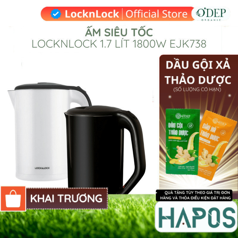 Ấm siêu tốc 1.7L 1800W LocknLock Chính Hãng đun sôi nhanh, lõi Inox chống ăn mòn EJK738BLK - BH 2 NĂ