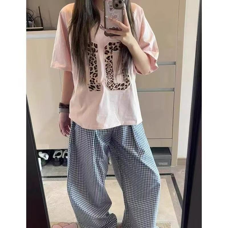 <[Quần Áo Nữ MUXI] Áo Thun Tay Ngắn Họa Tiết Da Báo, Phong Cách Hàn Quốc, Cổ Chữ V
