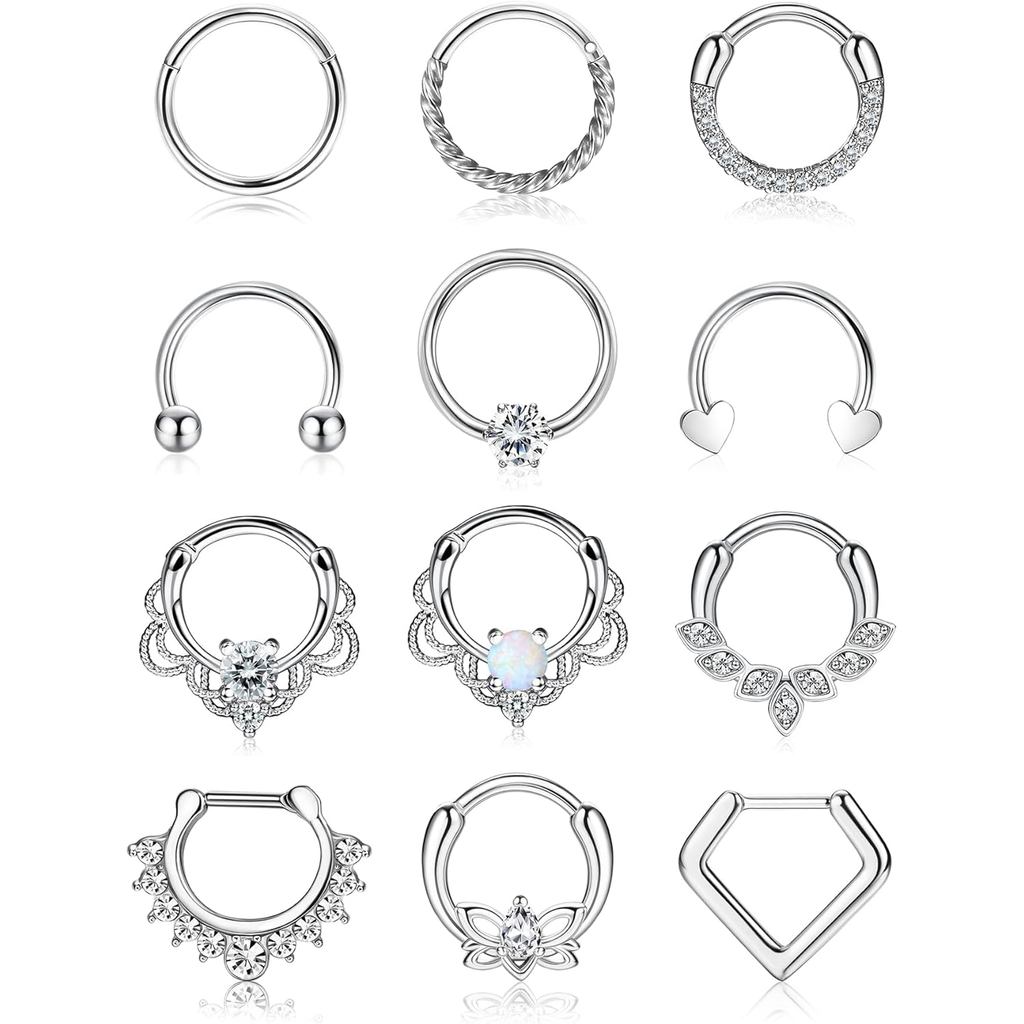 YADOCA Septum Nhẫn 12 Chiếc 16G - Thép Phẫu Thuật Không Dị Ứng cho Nữ, Size 8-10mm, Phù Hợp Septum &
