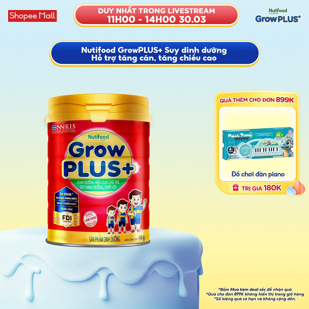 Sữa Bột Nutifood GrowPLUS+ Đỏ (Suy Dinh Dưỡng) 400g - Tăng Cân, Tăng Chiều Cao (Lon 400g)