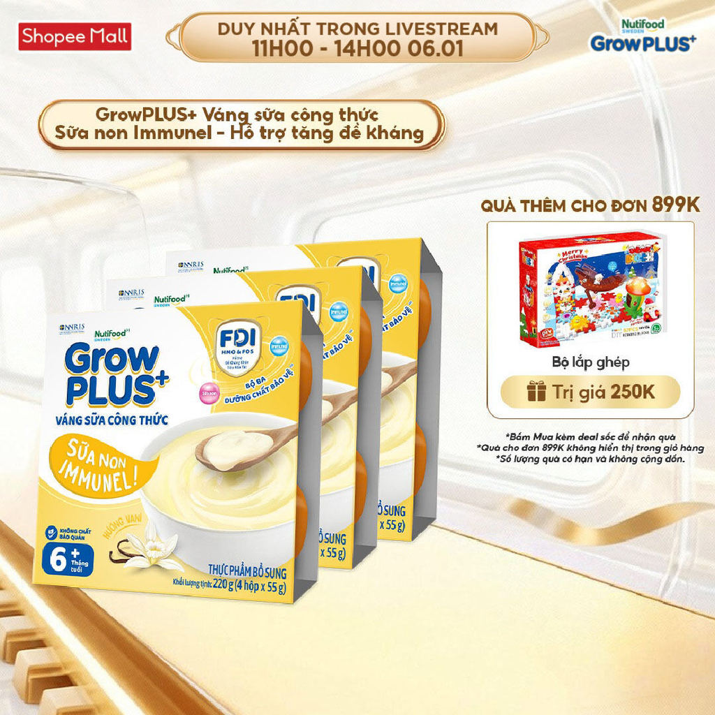 Combo 3 lốc GrowPLUS+ Váng sữa công thức Sữa non Immunel Hỗ trợ tăng đề kháng (55g x 12 hộp)