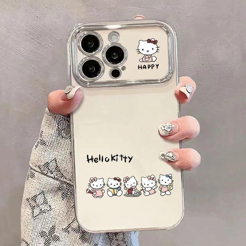 Ốp điện thoại iPhone tương thích cửa sổ lớn mạ điện Kitty KT Cat 6D dễ thương cho iPhone 16 Pro Max 