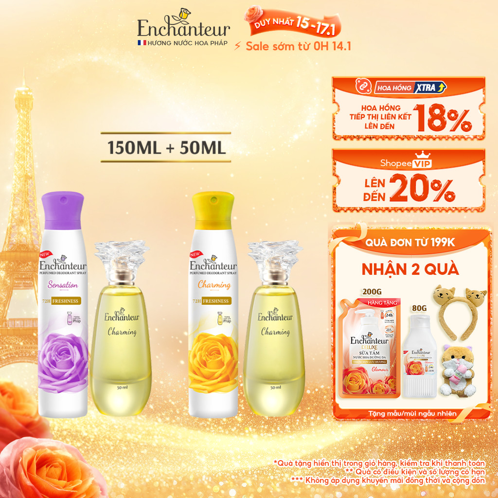 Combo Xịt khử mùi Enchanteur Charming/Sensation 150ml và Nước hoa cao cấp Charming 50ml