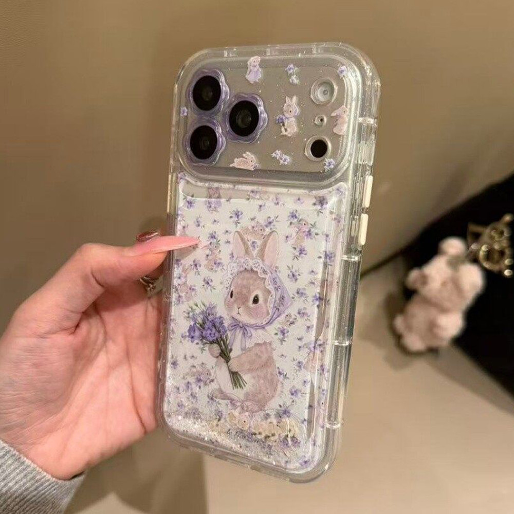 Túi khí cao cấp Iphone 17 Pro Max Ốp lưng Girly Bunny Flower Dynamic Liquid Quicksand Case Iphone 14