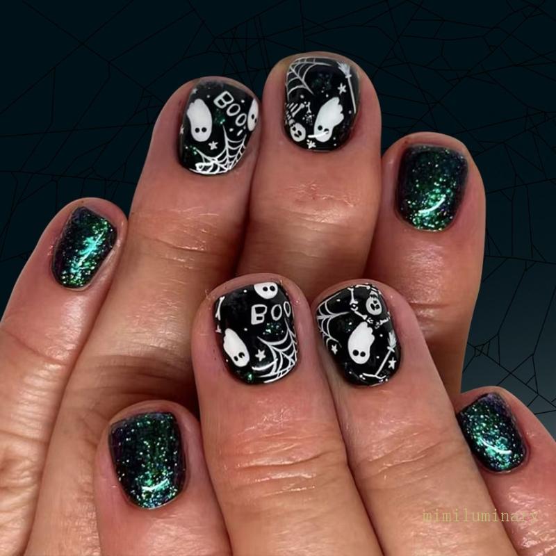 IVY Halloween Press on Nail Square French Tips Fake Nail Spiders Acrylic Nail Nail