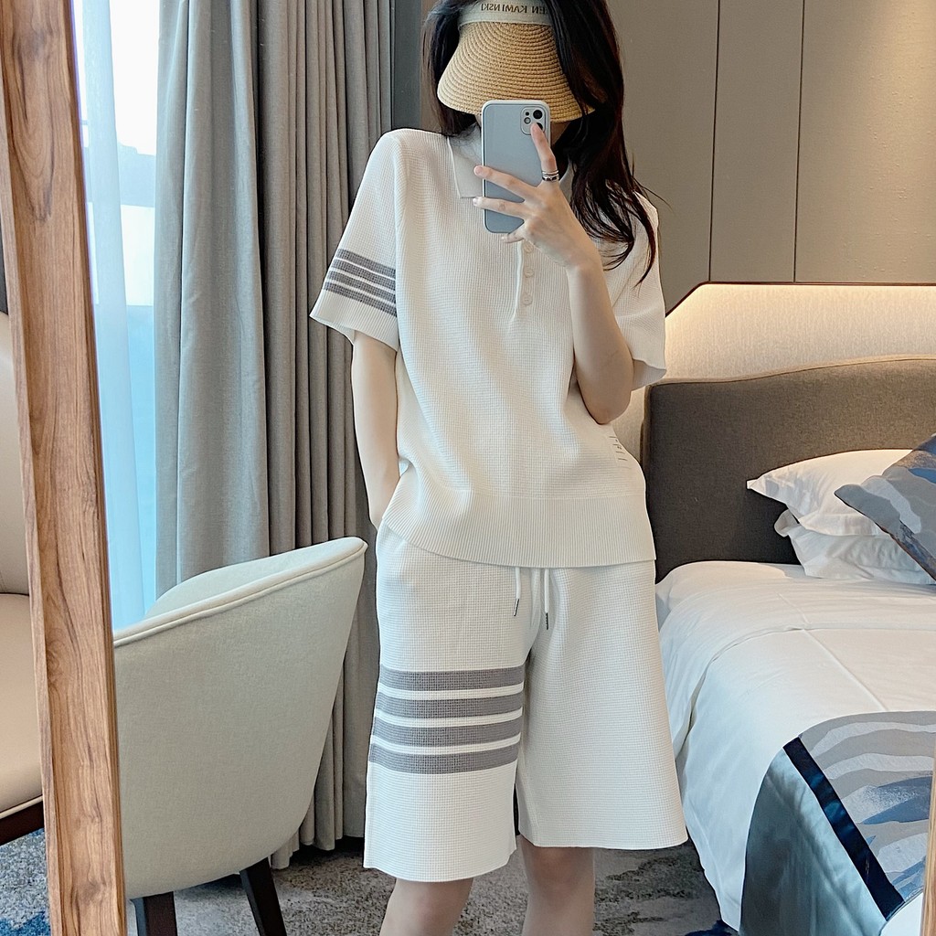 GIAW Thom Browne Summer Waffle Collar Short Sleeve T Ice Silk Four-Stripe Short Sleeve Shirt polo Wo