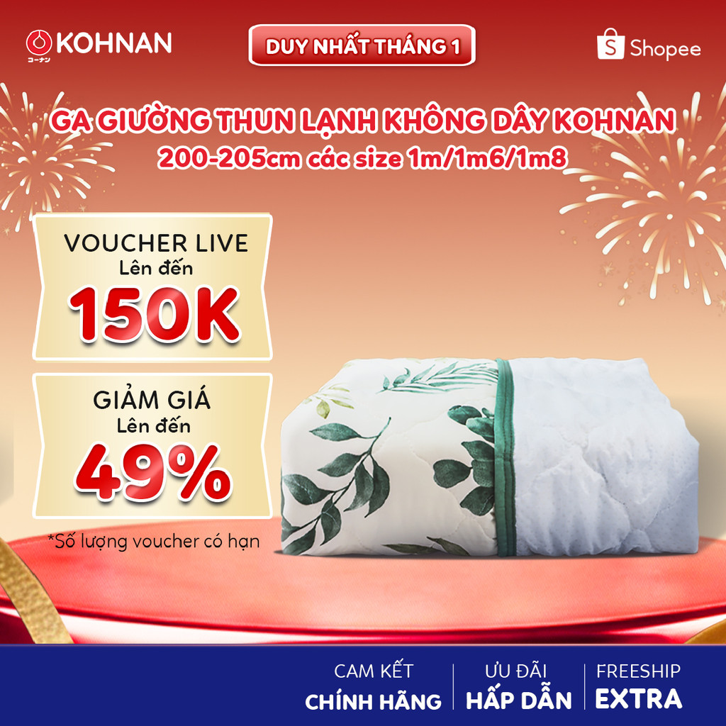 Ga giường thun lạnh không dây KOHNAN có các hạt chống trượt dưới bề mặt ga size 1m/1m6/1m8/2m