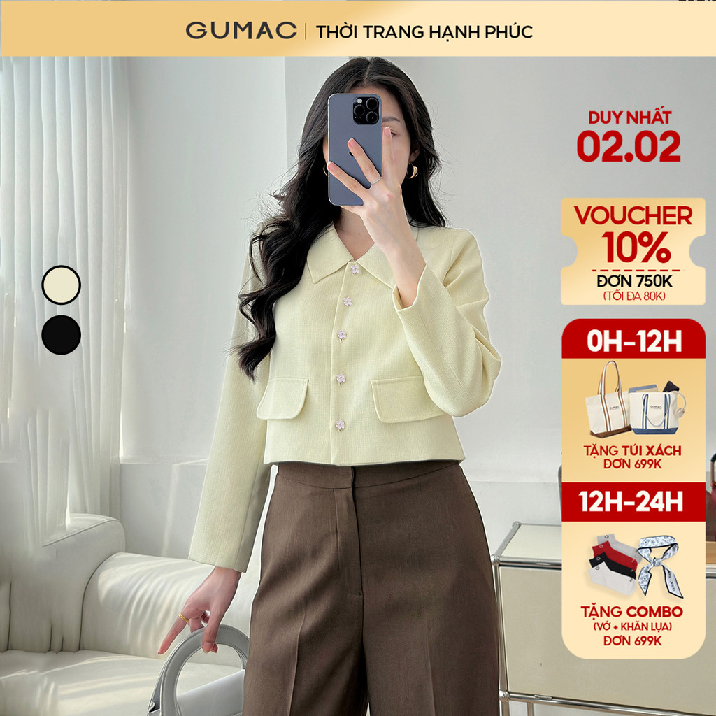 Áo khoác nữ dáng lửng GUMAC form suông 2 nắp túi tạo kiểu chất liệu bố đứng form LOWF0903