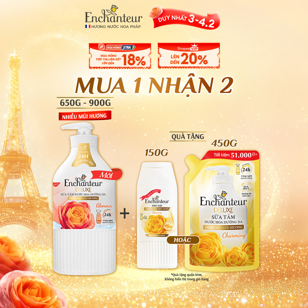 [TẶNG Chai 150g/Túi 450g] Sữa tắm hương nước hoa Pháp Enchanteur Deluxe 650g / 900g -Lưu hương 24H (