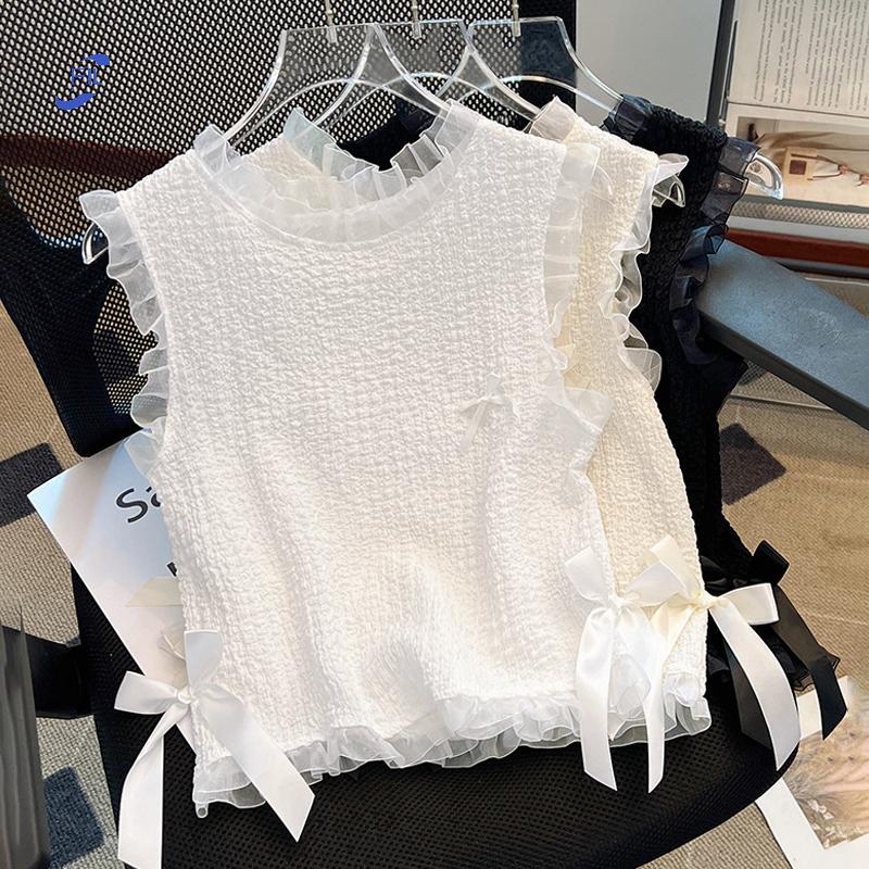 FIL 2025 Mùa Hè Không Tay Tròn Ne Ren Nơ Slim Vest Nữ Phù Hợp Với Màu Trơn Áo OP